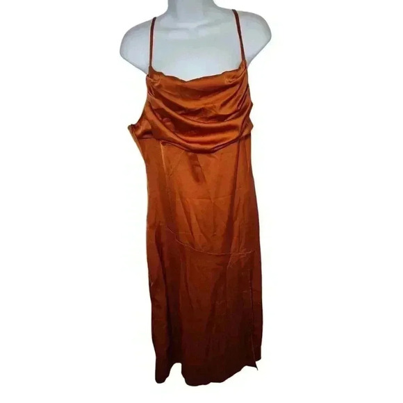 Womens Satin Drape Cowl Neck Sleeveless Strappy Cami Split Slit Party Midi Dress - Picture 6 of 16